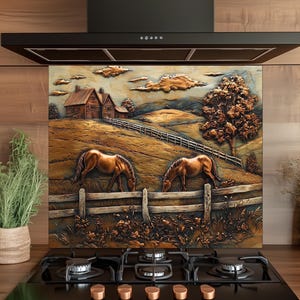 Backsplash de cozinha em vidro temperado Horse Farm: resistente ao calor e a arranhões