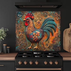 Rustic Rooster Backsplash,Glass Backsplash, Unique Backsplash, Rustic Backsplash,Glass Backsplash for Kitchen, Rustic Stove Backsplash Panel