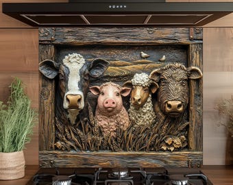 Achterwand van gehard glas boerderijdieren: rustiek keukendecor