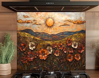 Rustic Sun & Wildflower Tempered Glass Kitchen Backsplash