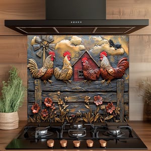 Tempered Glass Kitchen Backsplash, Rustic Rooster Family Farmhouse Glass Backsplash, Glass Backsplash of Kitchen, Kitchen Stove Splashback