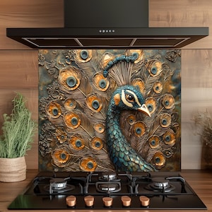 Peacock Backsplash, Glass Backsplash, Unique Backsplash, Rustic Backsplash, Glass Backsplash for Kitchen, Rustic Stove Backsplash Panel