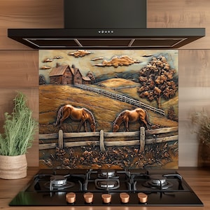 Tempered Glass Kitchen Backsplash, Horse and Farm Glass Backsplash,Glass Backsplash of Kitchen,Kitchen Stove Splashback, Farmhose