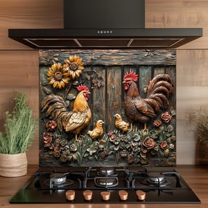 Tempered Glass Kitchen Backsplash, Rustic Rooster Family Glass Backsplash, Glass Backsplash of Kitchen, Kitchen Stove Splashback, Farmhouse