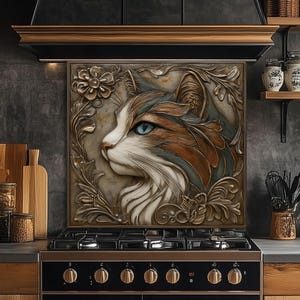 Puede incluir: Salpicadero de cocina decorativo con relieve de perfil de gato, ojos azules, pelaje marrón y blanco, y detalles florales. Sobre una cocina de gas negra con gabinetes de madera.