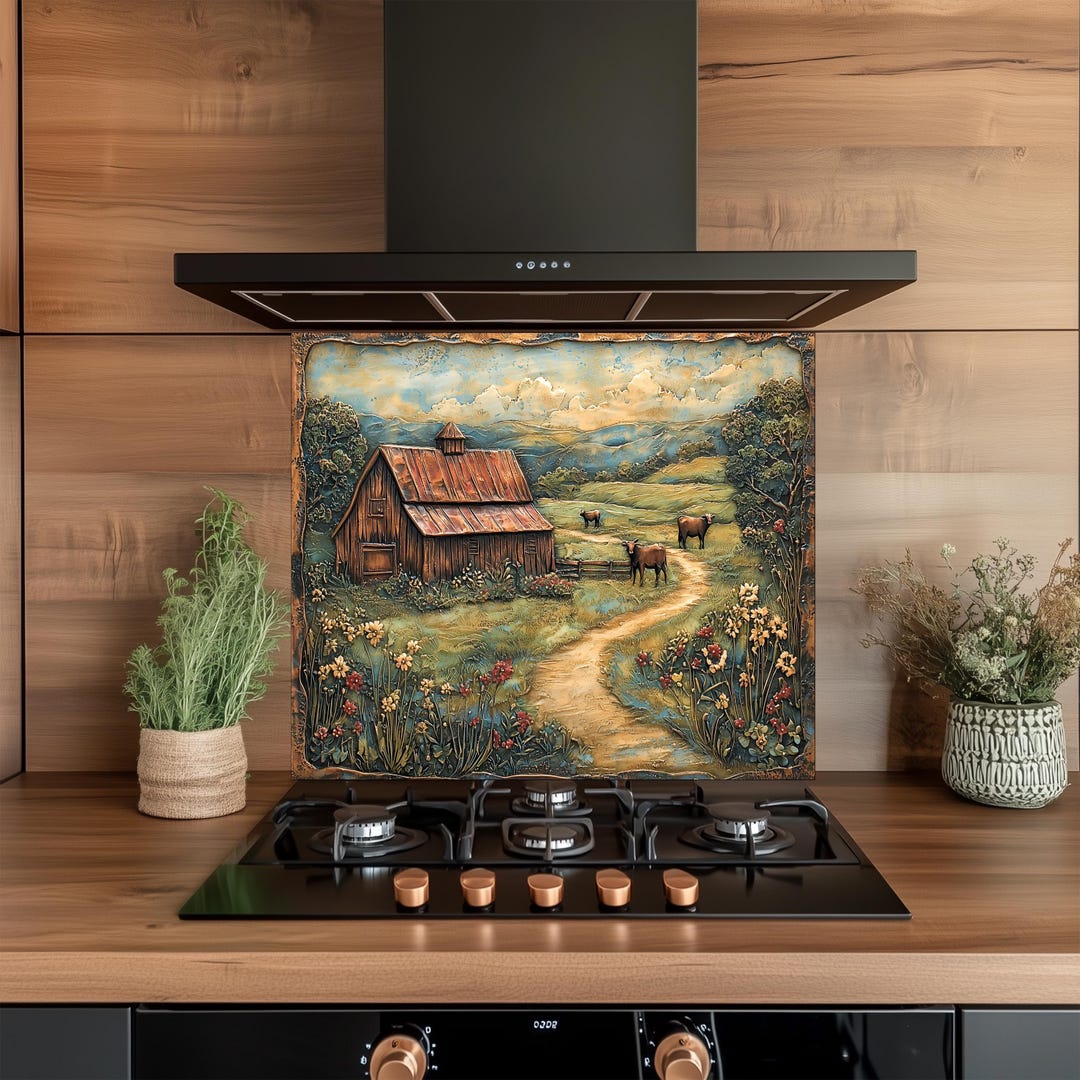 Farmyard Splashback Tempered Glass Kitchen Backsplash, Farm and Cow Glass Backsplash,glass ...