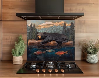 Glazen keukenachterwand Black Bear: rustiek interieur