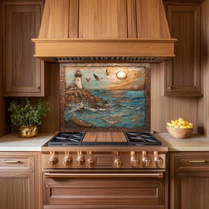 Achterwand keuken van gehard glas met uitzicht op de oceaan: rustiek decor