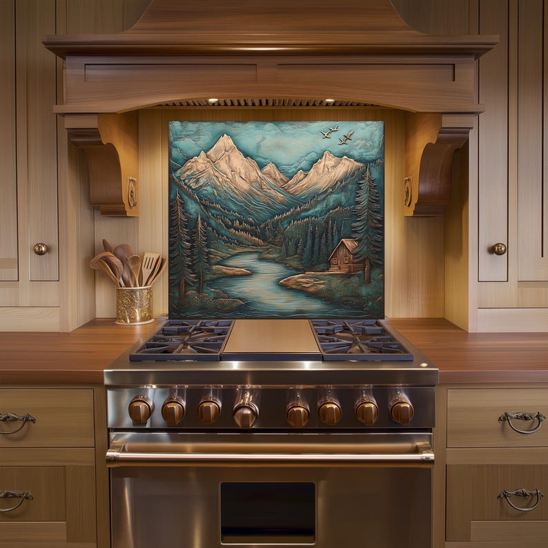 Mountain Cabin Tempered Glass Kitchen Backsplash: Rustic Stove Design ...