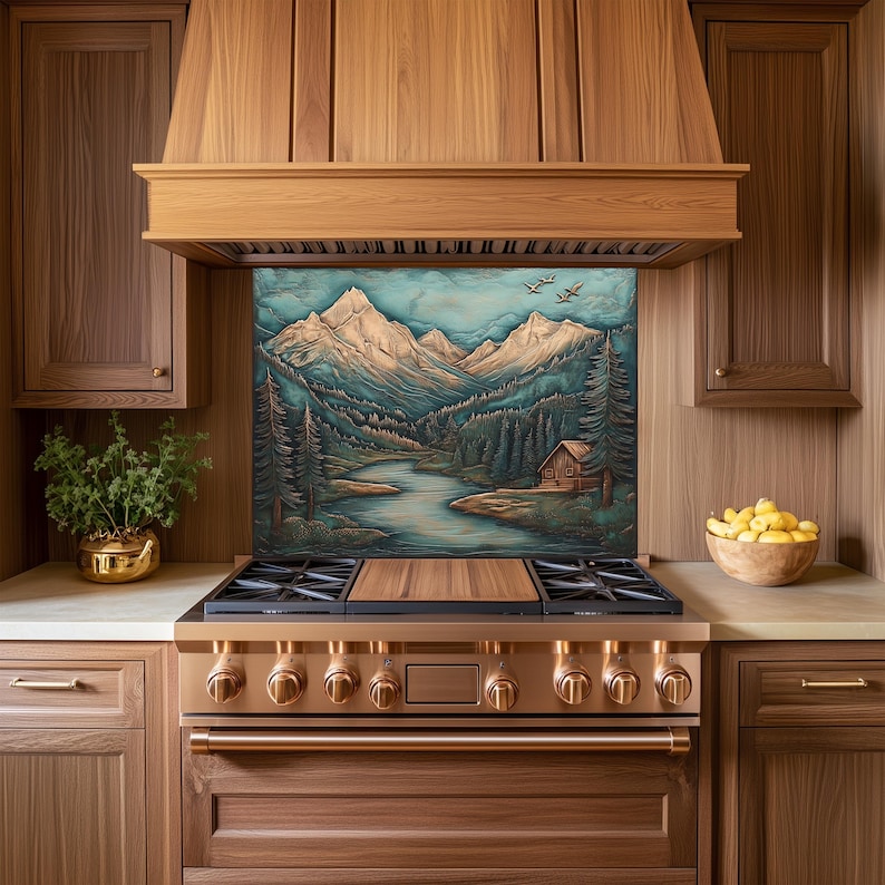 Mountain Cabin Tempered Glass Kitchen Backsplash: Rustic Stove Design ...