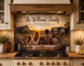 Gepersonaliseerde glazen achterwand met familiefoto, paneel voor fornuis in landelijke stijl met aangepaste familienaam