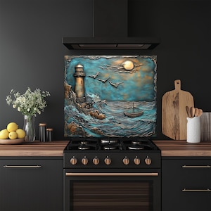Rustic Lighthouse Tempered Glass Kitchen Backsplash: Heat & Scratch Resistant