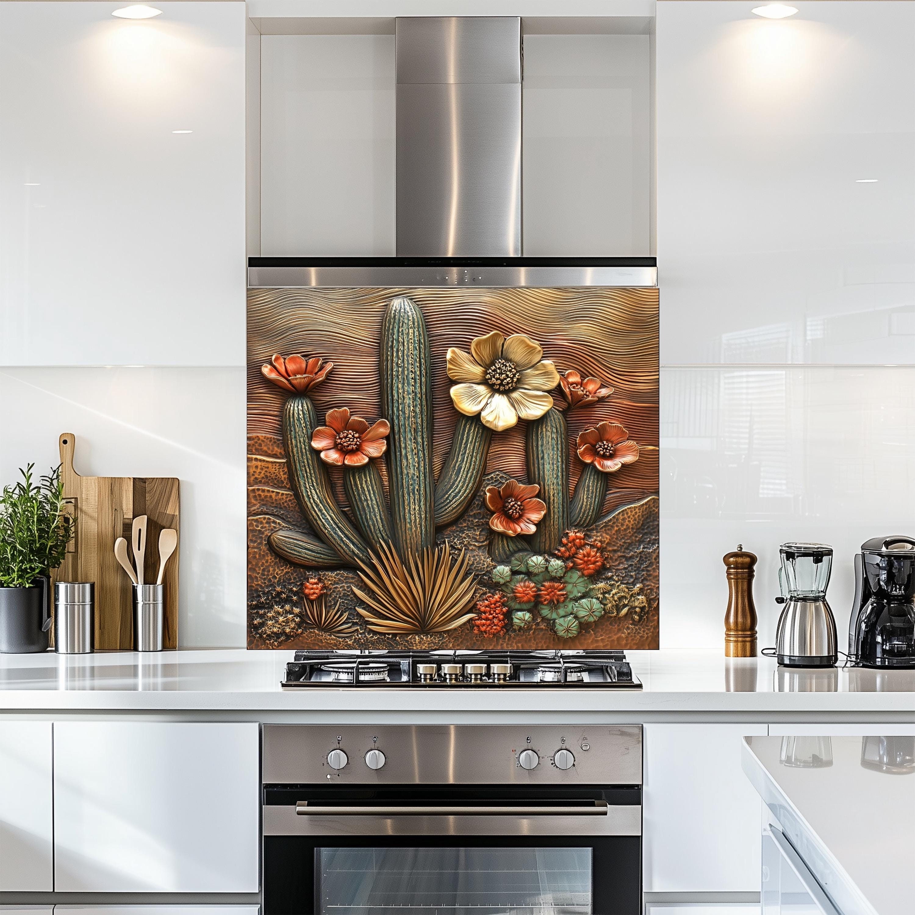 Tempered Glass Kitchen Backsplash: Southwestern Cactus Floral Design