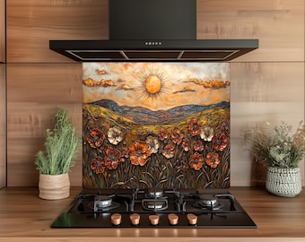 Rustieke keukenachterwand van gehard glas met zon en wilde bloemen