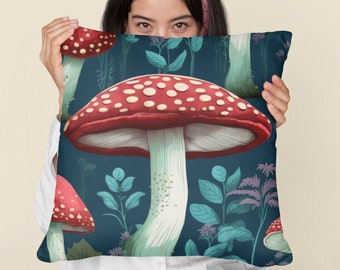 Roter Pilz Dekokissen | Pilz gewebtes Kissen | Pilz Wohnkultur | Pilz-Liebhaber-Geschenk | Bauernhaus Dekor | Pilz-Cottagecore