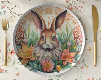 May include: A white ceramic plate with a floral design featuring a brown rabbit surrounded by colorful flowers. The plate is set on a white placemat with a floral pattern and gold cutlery.