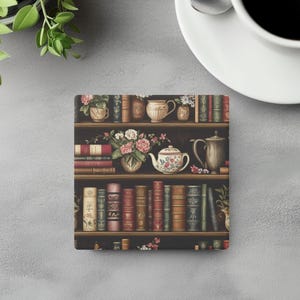 Vintage Teatime Bookshelf Coaster | Books and Flowers Stone Coaster Set | Floral Cottagecore Library Aesthetic | Book Lover Gift Book Decor