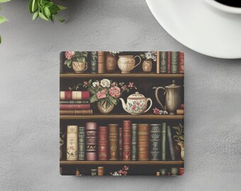 Vintage Teatime Bookshelf Coaster | Books and Flowers Stone Coaster Set | Floral Cottagecore Library Aesthetic | Book Lover Gift Book Decor