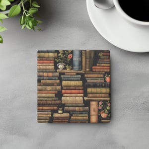 Antique Bookshelf Coaster | Vintage Books and Flower Stone Coaster Set | Bookworm Gift for Her | Cute Reading Nook Decor | Book Lover Gift