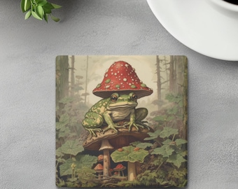 Juego de posavasos de rana / Posavasos de esteatita para amantes de las ranas / Decoración de rana sobre un hongo / Decoración del hogar para amantes de la naturaleza / Decoración de ranas / Regalo para amantes de las ranas