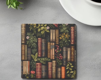 Books Coaster Set | Stone Coaster with Books and Flowers | Book Lover Decor Gift | Reader Decor | Bookworm Gift | Bookish Decor