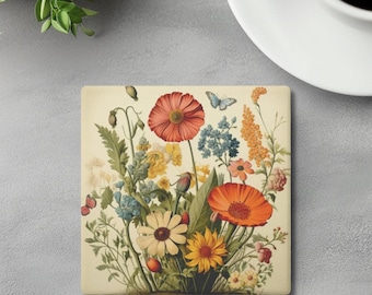 Beautiful Floral Garden Coaster Set | Flower Lover Table Decor | Nature Coasters | Soapstone Coasters for Coffee Table