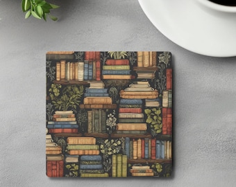 Books Coaster Set | Stone Coaster with Books and Plants | Book Lover Decor Gift | Reader Decor | Bookworm Gift | Bookish Decor