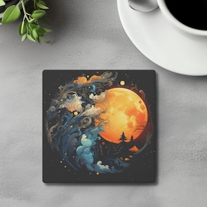 Celestial Nature Coaster Set | Mystical Soapstone Coasters | Nature Lover Table Decor | Sun and Trees Coaster | Beautiful Landscape Decor