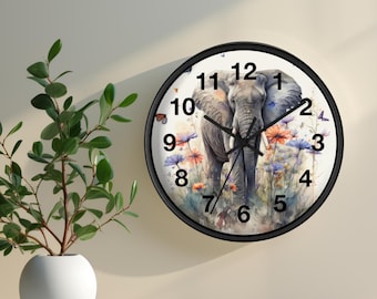 Grey Elephant Wall Clock | Watercolor Elephant and Butterflies Clock | Safari Floral Wildlife Decor | Elephant Lover Gift | Elephant Nursery