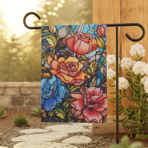 Rosengarten Fahne | Glasmalerei Gartenfahne | Florale Hoffahne | Botanisches Haus Banner | Blumen Fahne | Blumen-Mosaik-Dekor | Garten Dekor