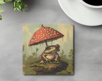 Posavasos de rana / Posavasos de esteatita con rana y hongo / Posavasos de bosque caprichoso / Posavasos con temática natural / Regalos de rana