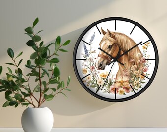 Floral Horse Wall Clock | Brown Horse Clock for Farmhouse | Clock with Horse and Flowers | Horse Lover Gift | Horse Home Decor | Horse Gift