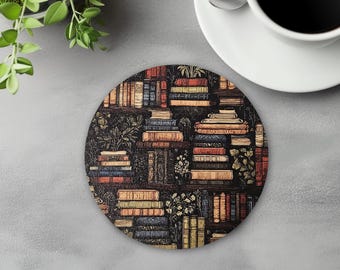 Books Coaster Set | Coaster with Books and Plants | Book Lover Decor Gift | Reader Decor | Bookworm Gift | Bookish Decor