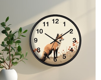 Orologio da parete con volpe rossa / Decorazione da parete in stile cottage / Decorazione per cameretta dei bambini in stile bosco / Orologio con animali della foresta / Decorazione per cameretta dei bambini / Orologio con animali selvatici per baita