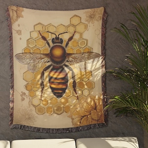 Bee Blanket Gift for Bee Lover | Bee Woven Blanket | Bees and Honeycomb Blanket | Nature Themed Blanket  Home Decor | Bee Tapestry