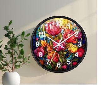 Floral Clock | Stained Glass Flower Wall Clock | Floral Home Decor | Gift for Flower Lovers | Gift for Mom | Nursery Wall Clock Spring Decor