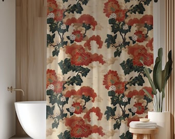 Oriental Shower Curtain | Japanese Floral Bathroom Curtain | Vintage Chrysanthemum Flower Bath Decor | Nature Themed Bathroom Decor