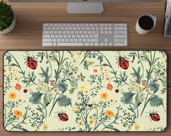 Floral Ladybug Desk Mat | Wildflower Desk Pad | Cottagecore Mouse Pad | Botanical Desk Mat | Spring Garden Aesthetic Office Decor