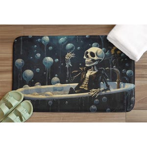 Skeleton in a Bubble Bath Bath Mat | Restroom Skeleton Bath Mat | Aesthetic Bath Mat | Bathroom Mat Decor | Funny Skeleton Taking a Bath