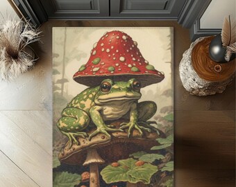Whimsical Frog on Mushroom Area Rug | Nature Home Decor for Kids' Room | Frog Themed Nursery Decor | Woodland Bedroom Rug | Frog Lover Gift
