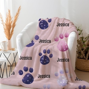 Personalized Cat Paw Blanket | Custom Paw Print Baby Blanket Gift | Cat Velveteen Blanket Decor | Cat Lover Gift | Paw Print Name Blanket