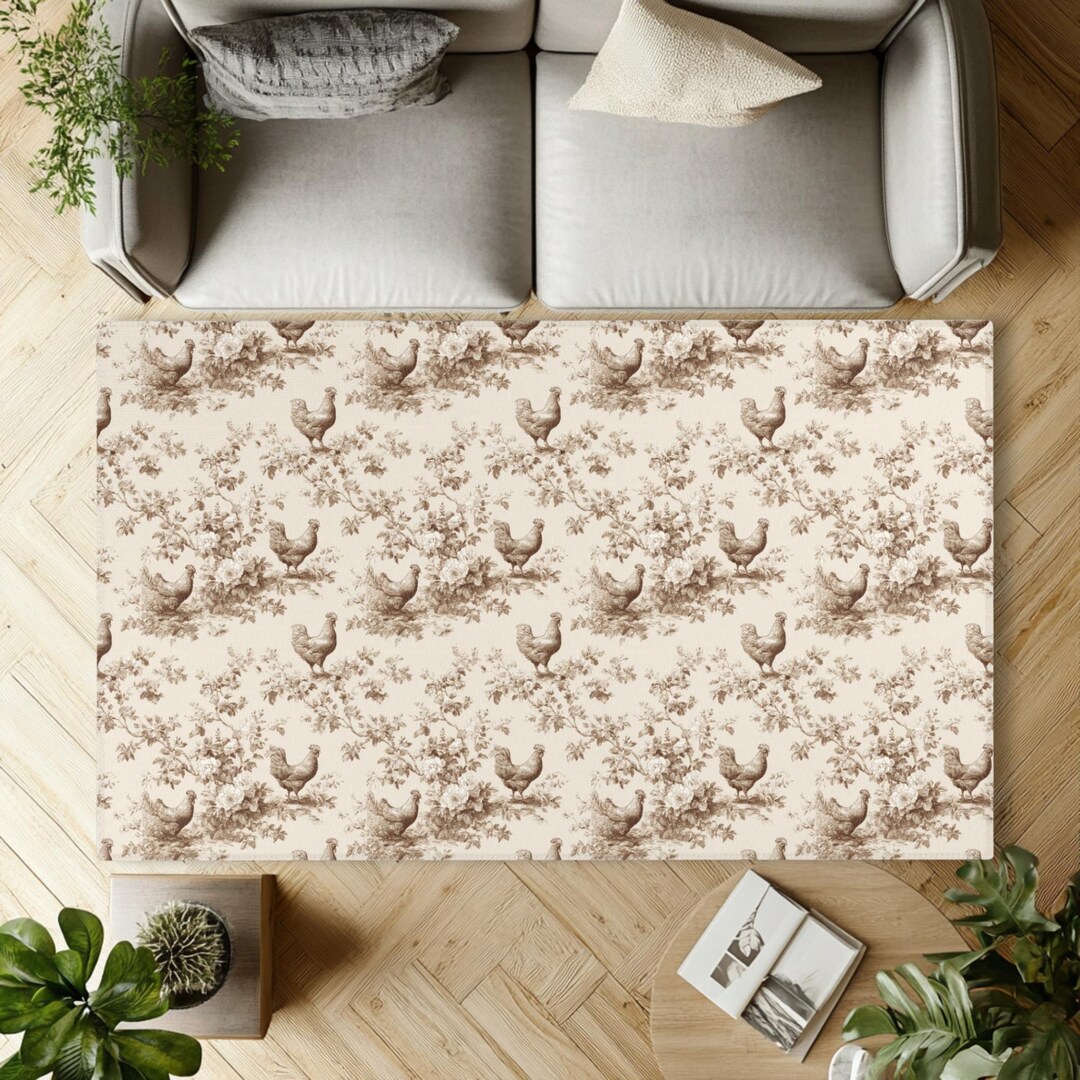 Rustic Folk Chicken Rug Vintage Chicken Toile Area Rug | Neutral French Country Hen Rug ...