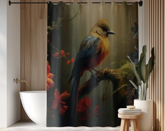 Colorful Songbird Shower Curtain | Tropical Forest Shower Curtain | Moody Botanical Bathroom Decor | Dark Floral Bathroom Shower Curtain