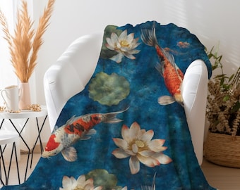 Koi Fish Blanket: Japanese Lotus Pond Throw for Bedroom & Living Room