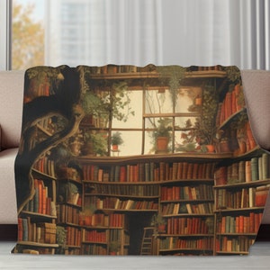 Books and Plants Velveteen Plush Blanket | Book Lover Gift | Library Blanket | Avid Reader Cozy Book Blanket | House Warming Book Throw Gift