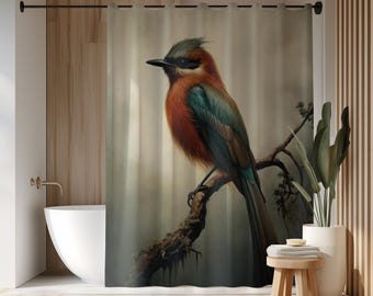Colorful Tropical Bird Shower Curtain | Bee Eater Bird Bathroom Decor | Vintage Bird Shower Curtain | Woodland Bird Bath Curtain