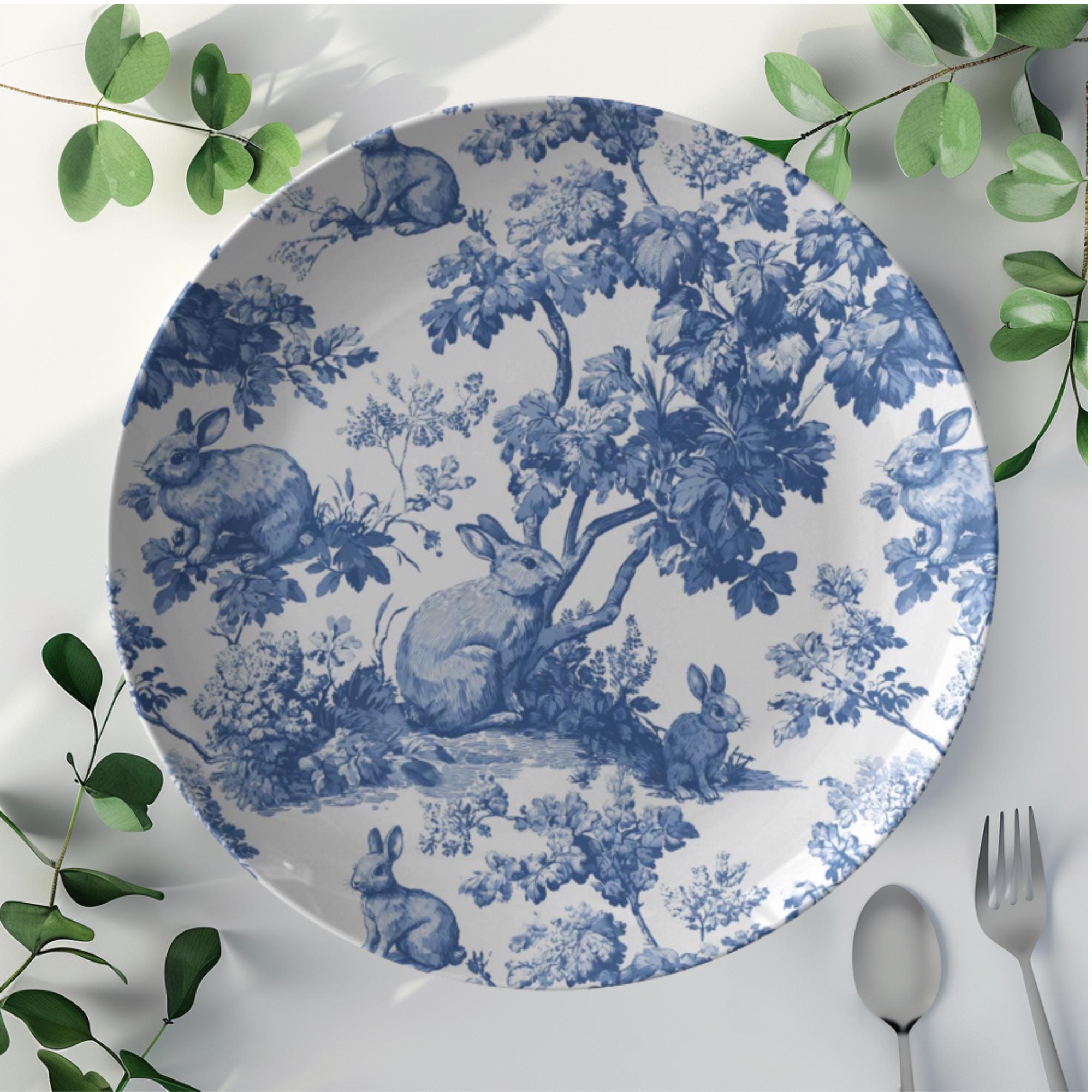 Blue & White Rabbit Toile Plate Set | Vintage Bunny Botanical