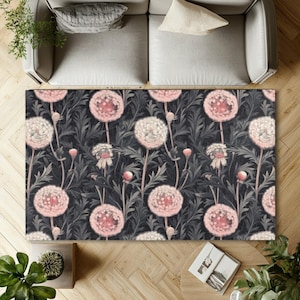 Pink Dandelion Area Rug | Dark Botanical Floral Kitchen Rug | Dandelion Bedroom Rug | Boho Floral Home Decor | Dandelion Lover Nature Decor