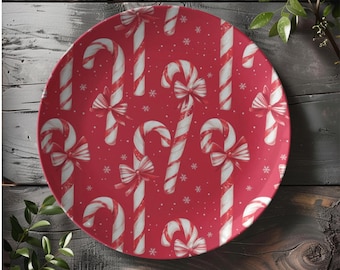 Red Christmas Candy Cane Plate Set | Festive Holiday Dinnerware with Bows and Snowflakes | Peppermint Home Decor | Holiday Party Decor