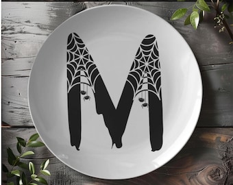 Personalized Halloween Monogram Plate | Gothic Dinner Plate | Spiderweb Letter Dinnerware | Spooky Table Decor | Halloween Lover Gift